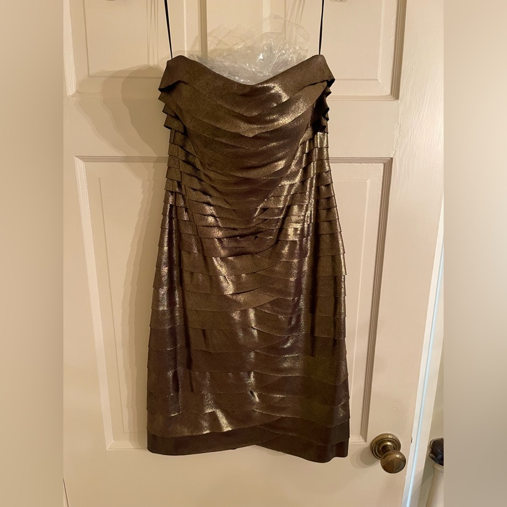 Issue New York, Strapless designer paneled gold dress
